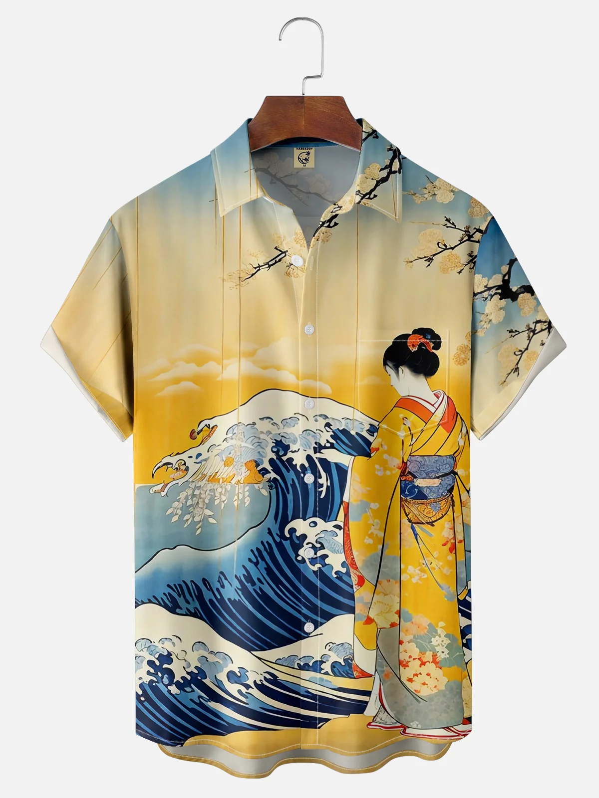 Moisture-wicking Japanese Ukiyo-e Wave Lady Chest Pocket Hawaiian Shirt