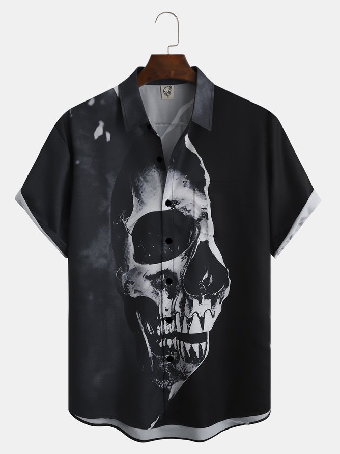 Mens Funky Skull Print Front Buttons Soft Breathable Lapel Chest Pocket Casual Hawaiian Shirt