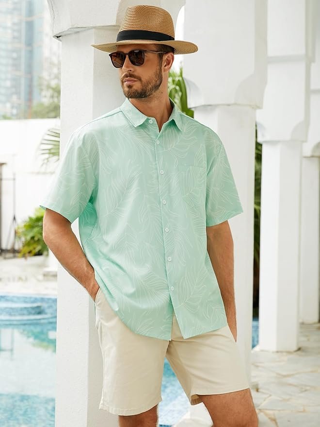 Tropical Leaf Chest Pocket Short Sleeve Beach Hawaiian Shirt