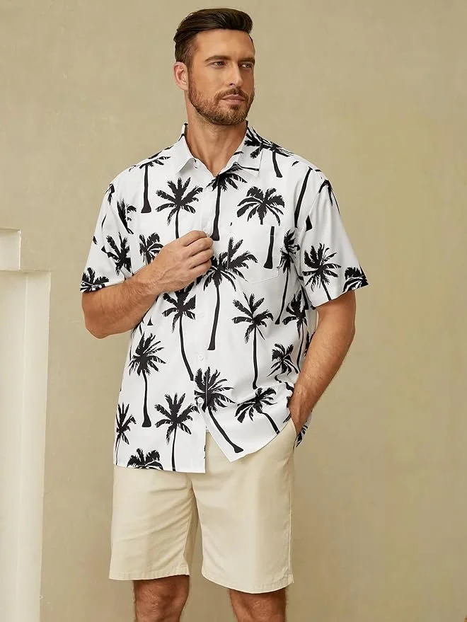 Palm Tree Chest Pocket Short Sleeve Hawaiian Shirt