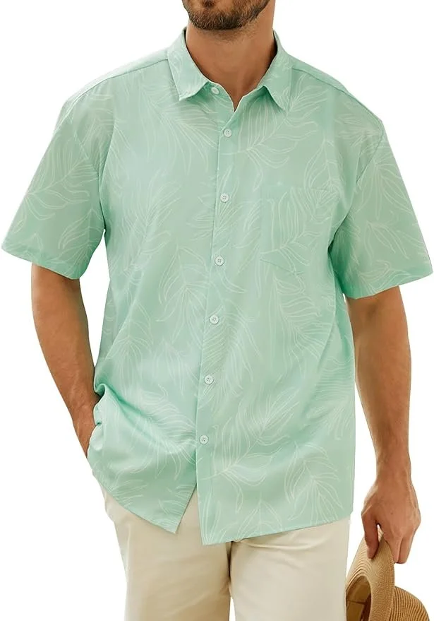 Tropical Leaf Chest Pocket Short Sleeve Beach Hawaiian Shirt