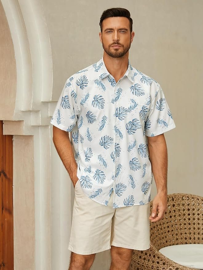 Leaf Chest Pocket Short Sleeve Beach Hawaiian Shirt