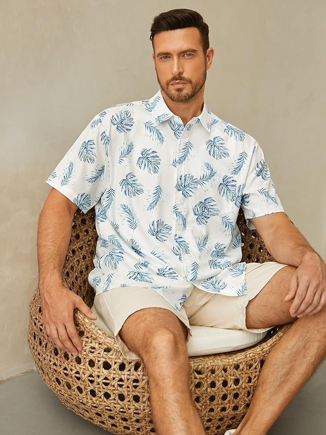 Leaf Chest Pocket Short Sleeve Beach Hawaiian Shirt