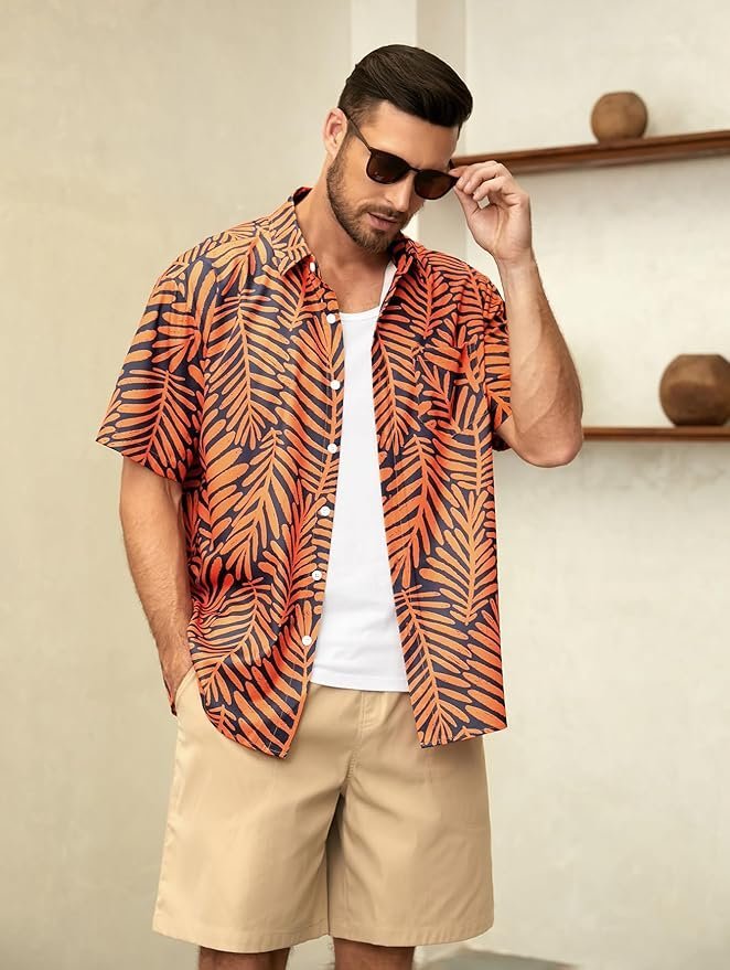 Leaf Chest Pocket Short Sleeve Beach Hawaiian Shirt