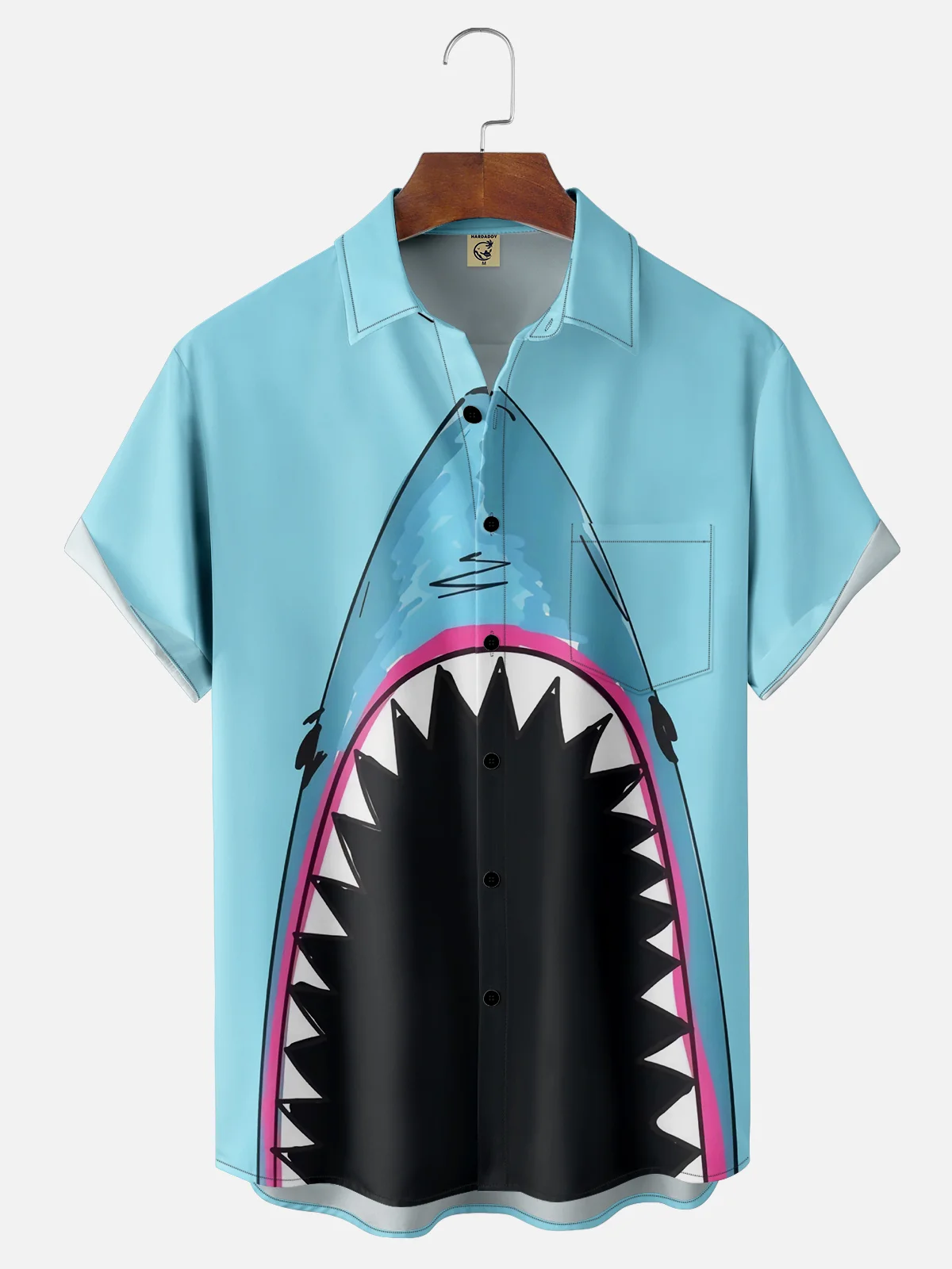 Moisture-wicking Cartoon Shark Chest Pocket Hawaiian  Shirt