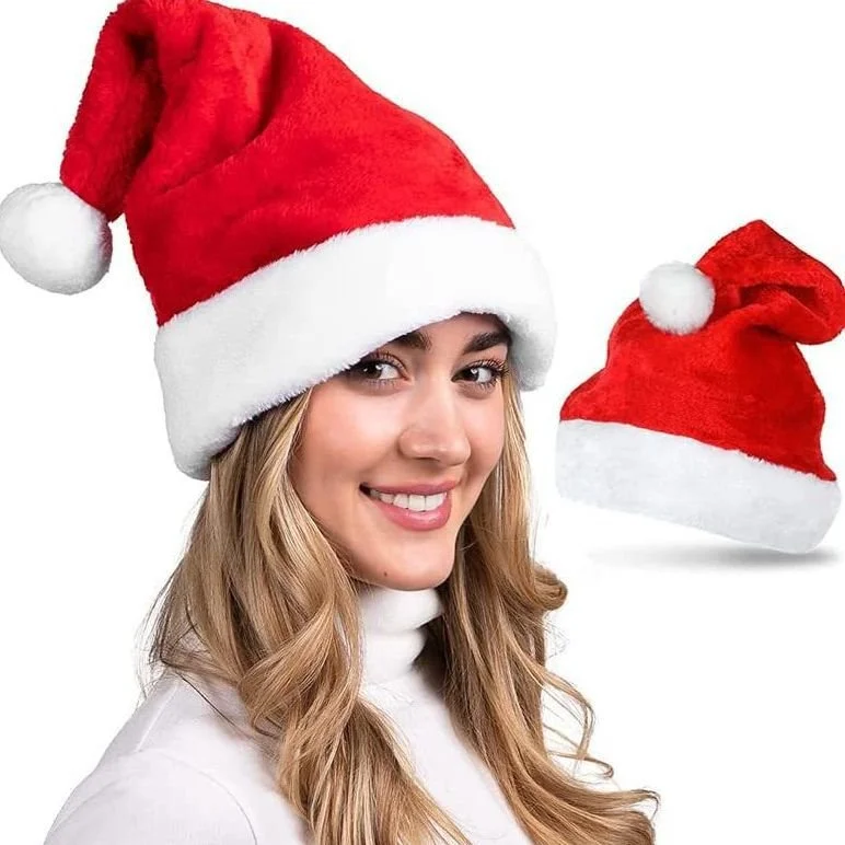 Fluffy Red Santa Hats Set with Plush Brim and Liner for Adults Men Women Kids - Christmas, New Year Party Supplies & Gifts