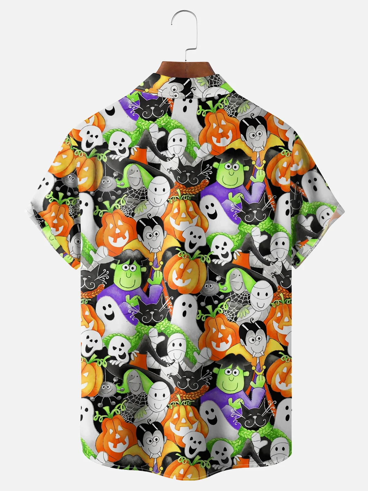 Moisture Wicking Halloween Pumpkin Ghost Spider Chest Pocket Hawaiian Shirt