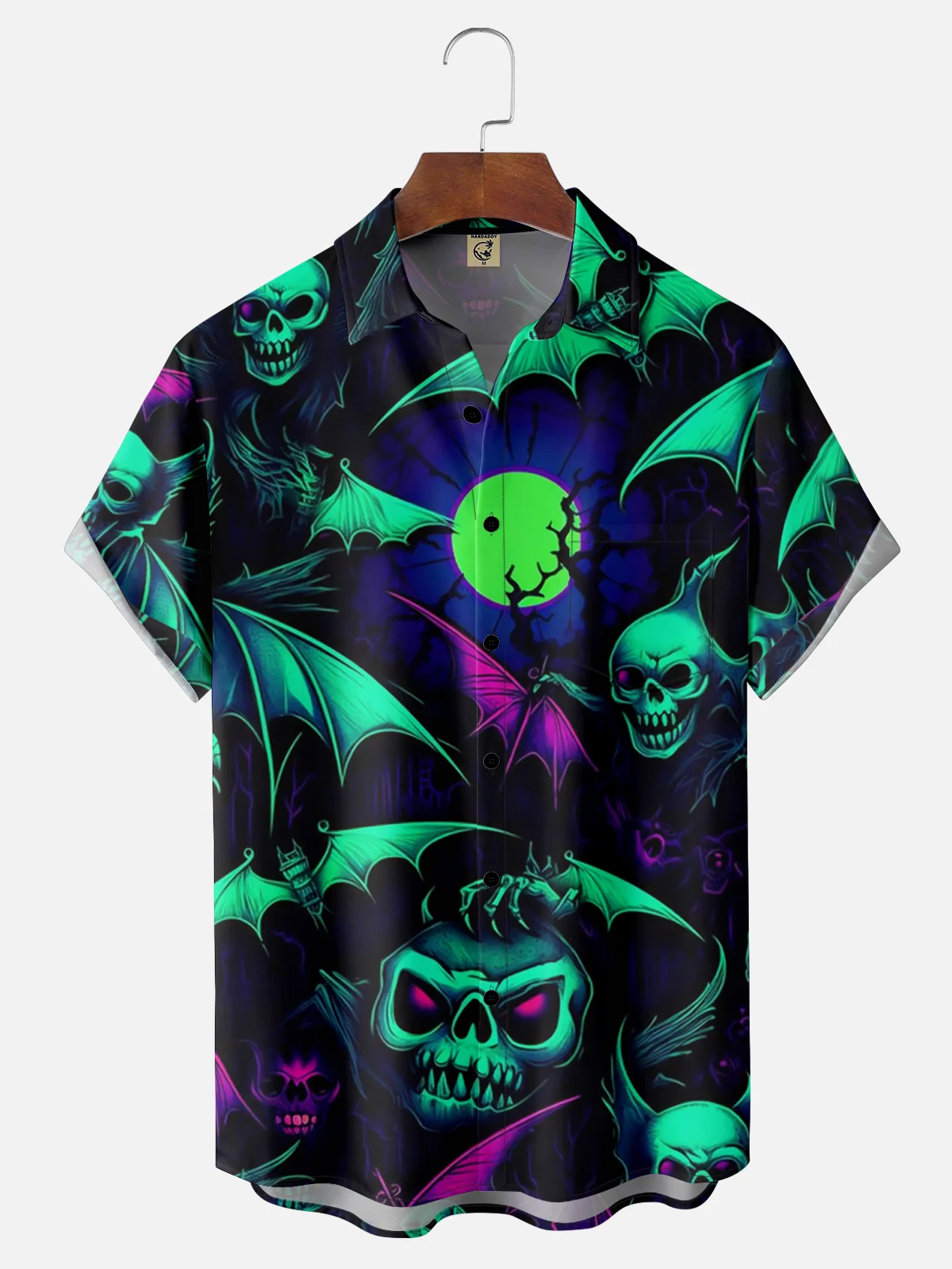 Moisture-wicking Halloween Bat Skull Chest Pocket Hawaiian Shirt