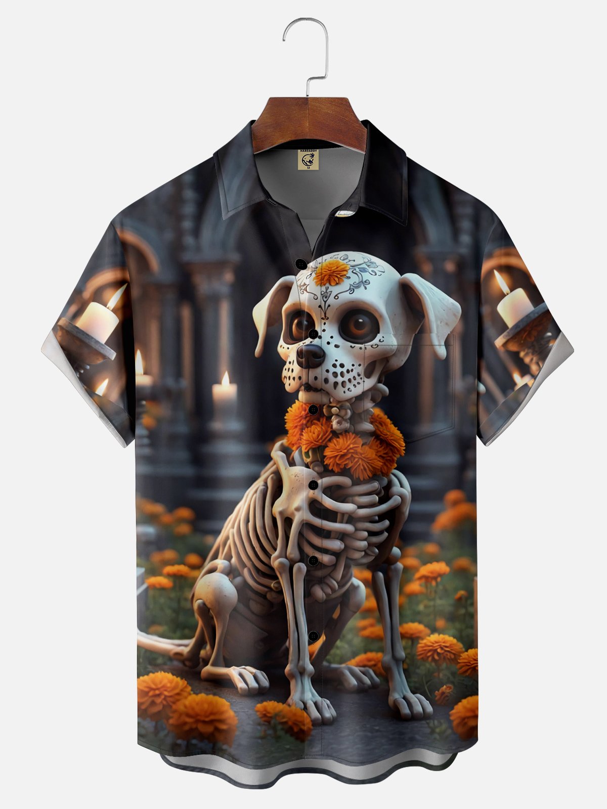 Moisture-wicking Day of the Dead Skeleton Dog Chest Pocket Hawaiian Shirt