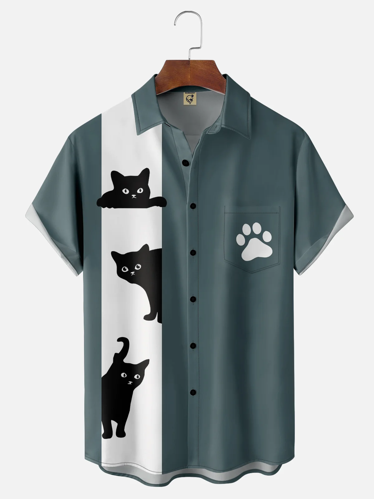 Moisture-wicking Geometric Black Cat Chest Pocket Bowling Shirt