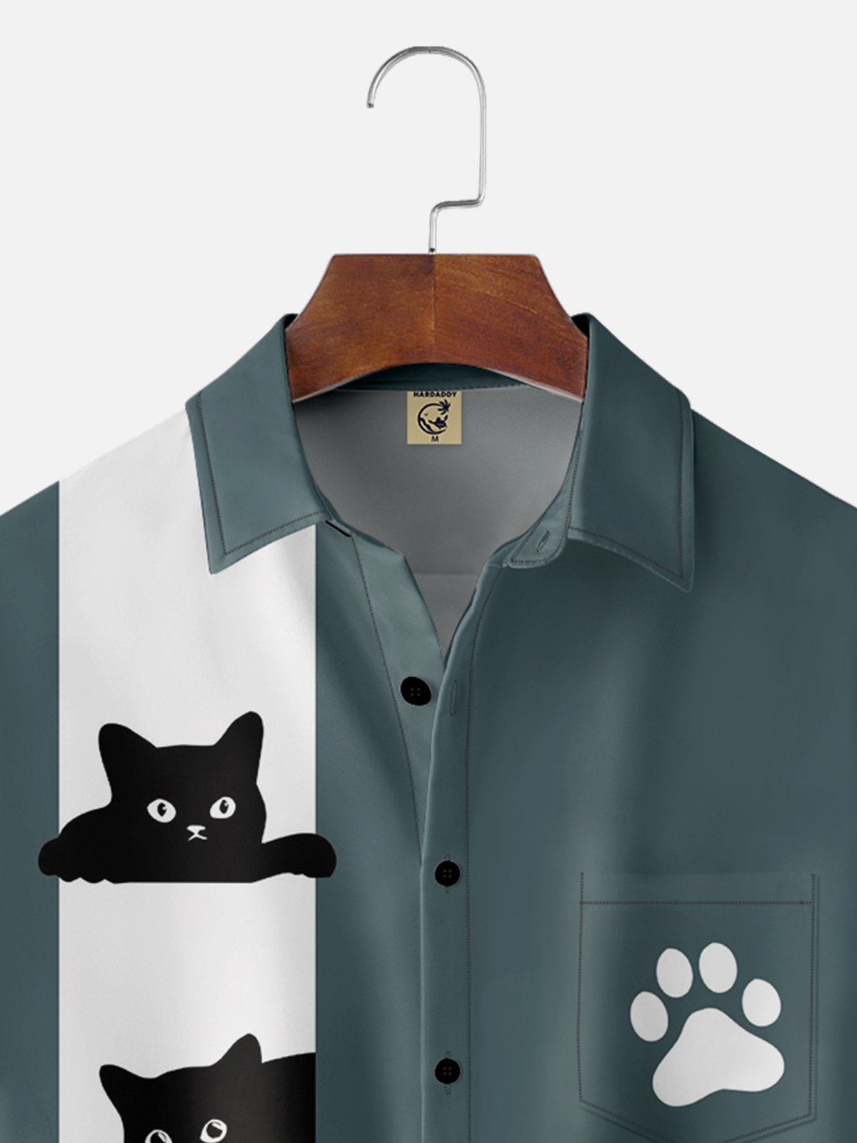 Moisture-wicking Geometric Black Cat Chest Pocket Bowling Shirt