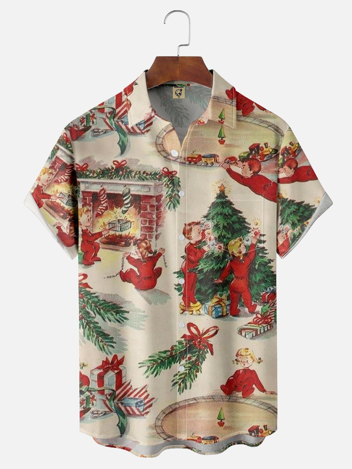 Moisture-wicking Christmas Vintage Illustration Chest Pocket Hawaiian Shirt