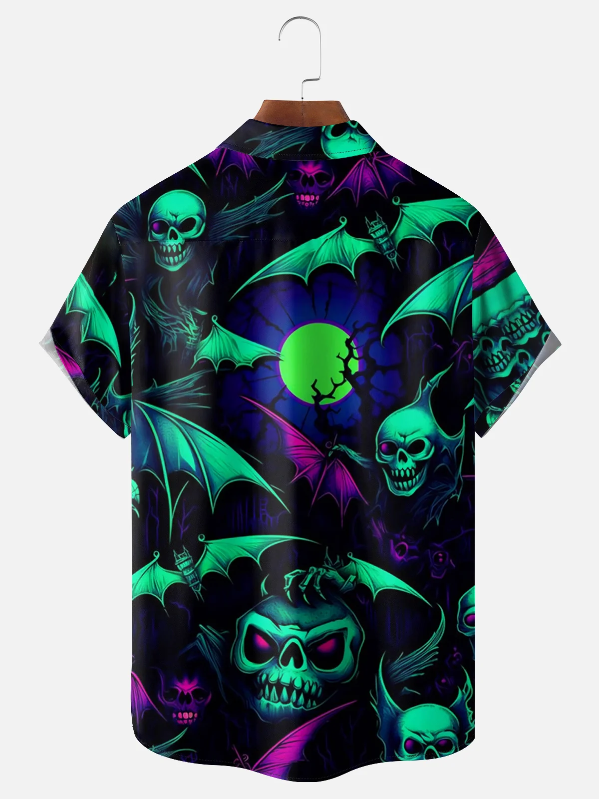 Moisture-wicking Halloween Bat Skull Chest Pocket Hawaiian Shirt