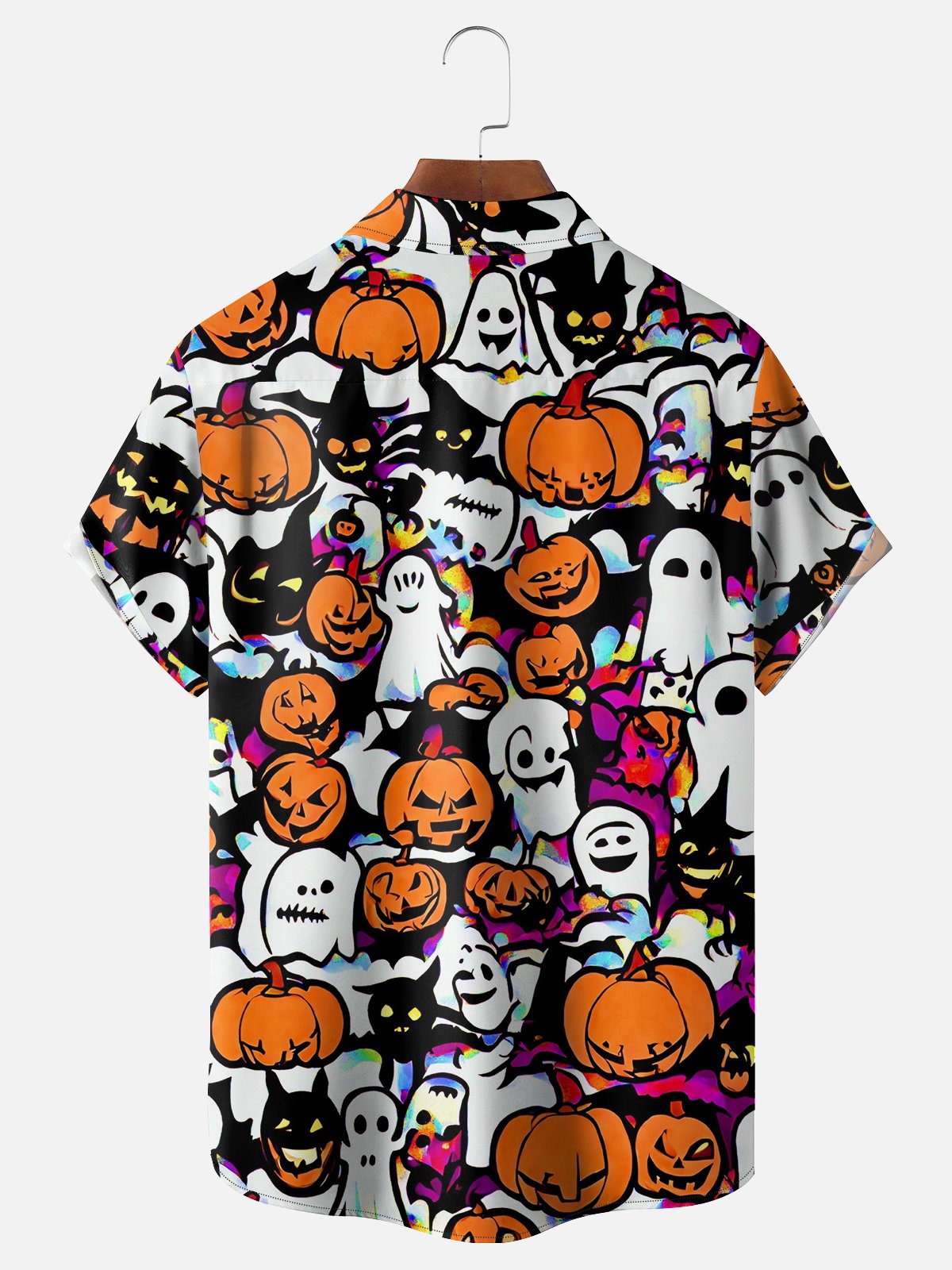 Moisture Wicking Halloween Pumpkin Ghost Chest Pocket Hawaiian Shirt