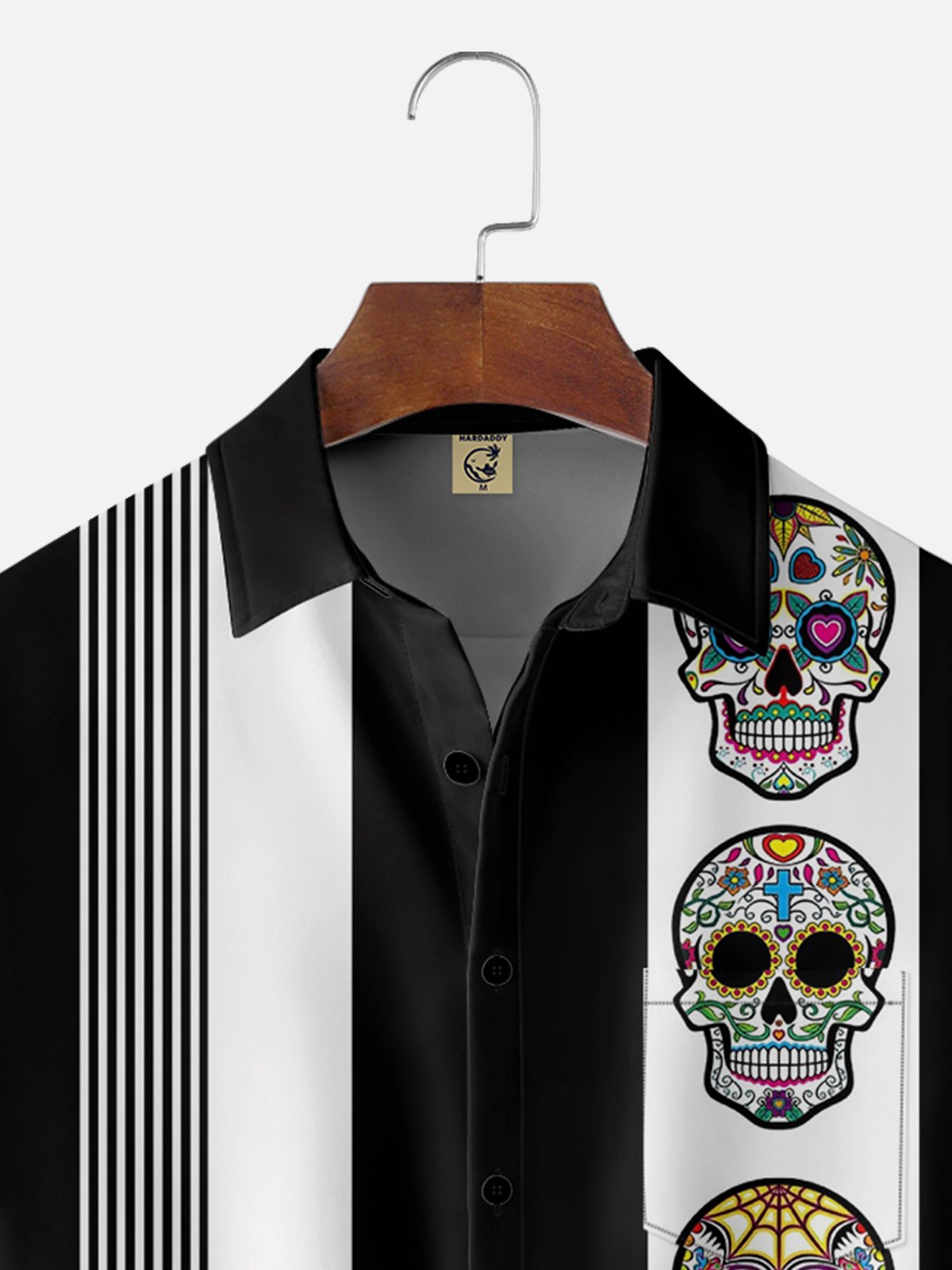 Moisture-wicking Day of the Dead Skull Illustration Chest Pocket Bowling Shirt