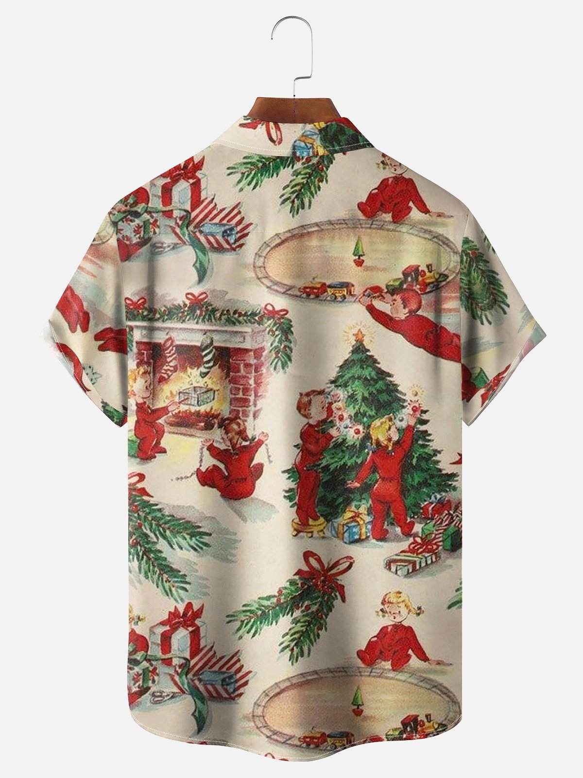 Moisture-wicking Christmas Vintage Illustration Chest Pocket Hawaiian Shirt