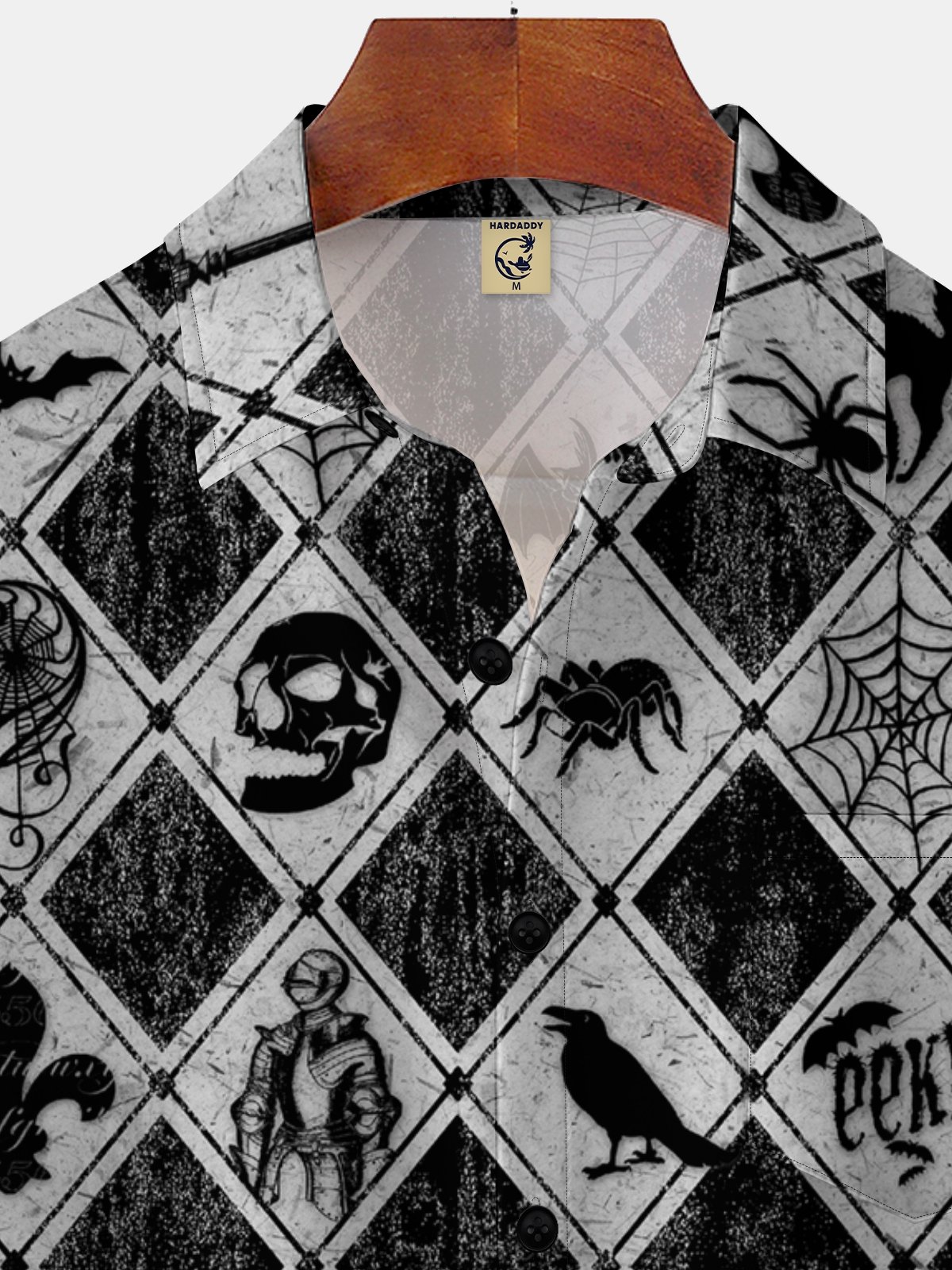 Moisture-wicking Halloween Skull Diamond Check Chest Pocket Hawaiian Shirt