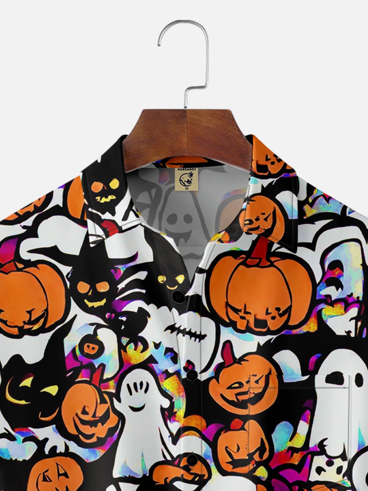 Moisture Wicking Halloween Pumpkin Ghost Chest Pocket Hawaiian Shirt