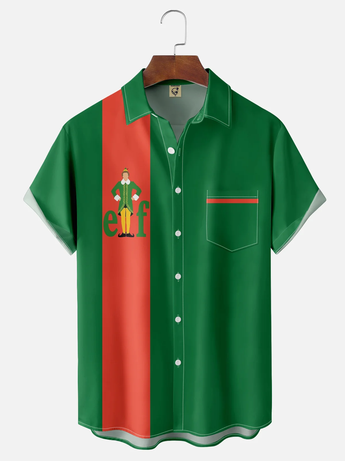 Moisture-wicking Christmas Eif Chest Pocket Bowling Shirt