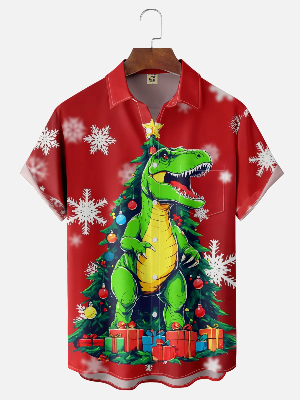 Moisture-wicking Christmas Santa Rex Dinosaur Chest Pocket Casual Shirt