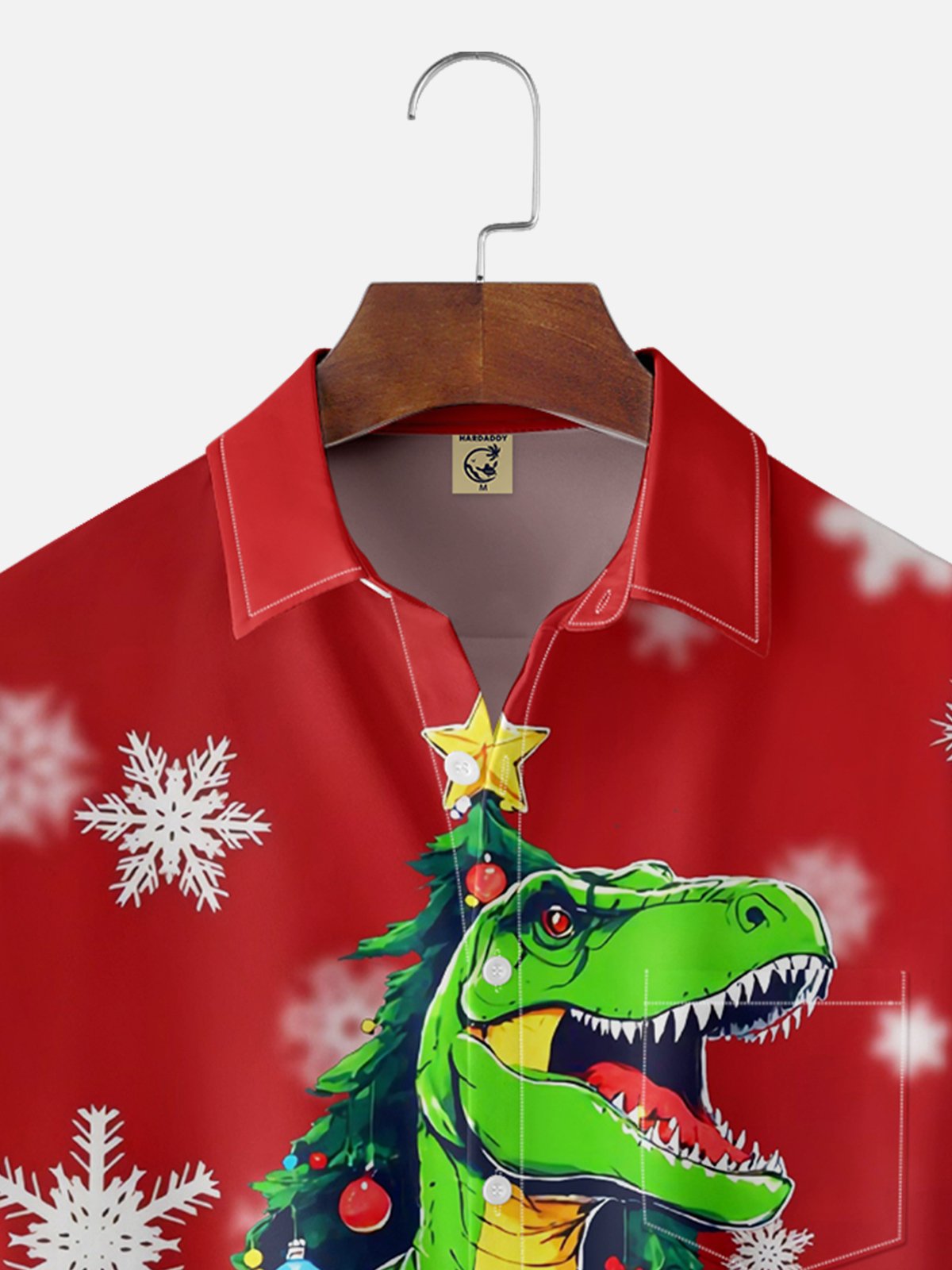 Moisture-wicking Christmas Santa Rex Dinosaur Chest Pocket Casual Shirt