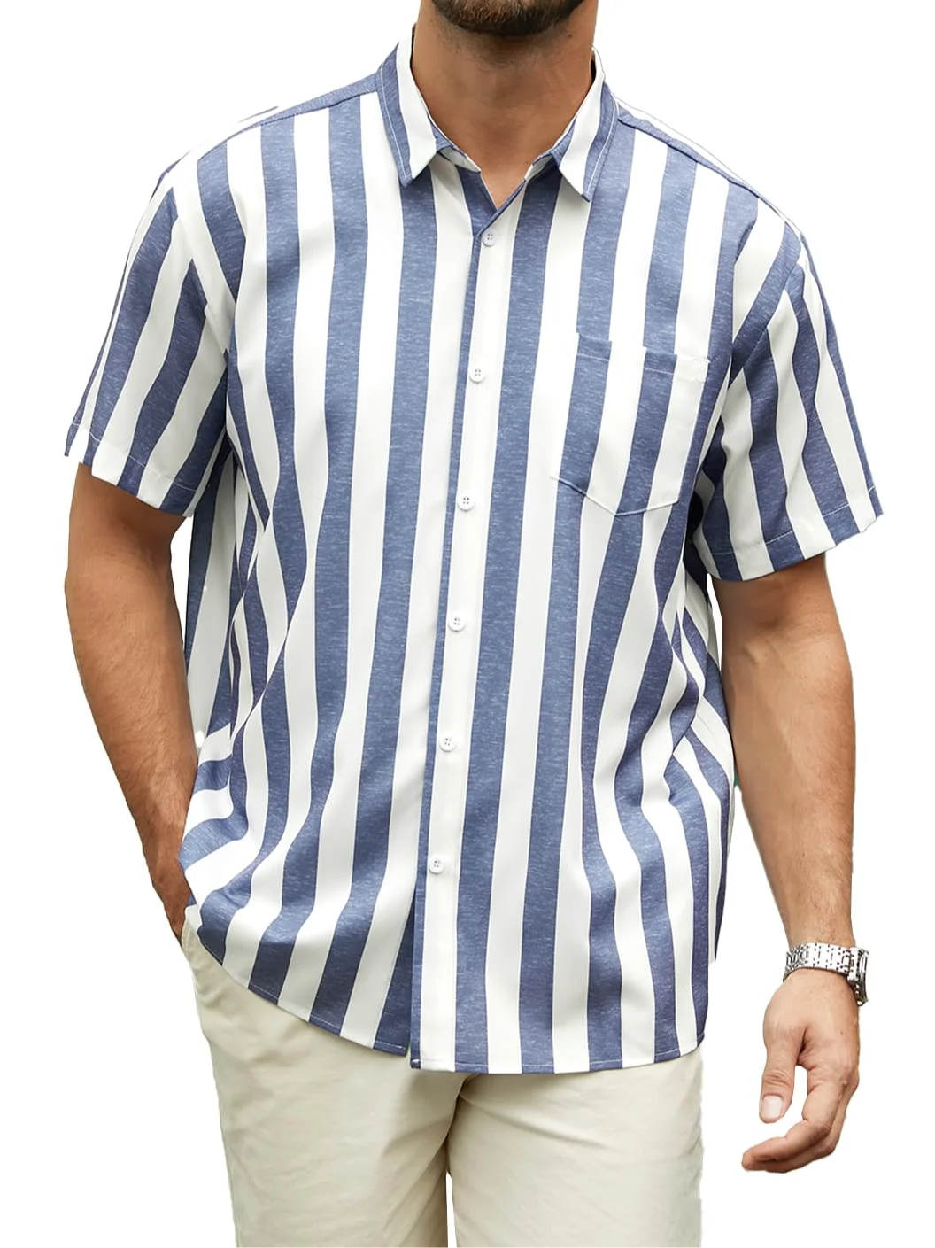 Hardaddy Men's Striped Shirts Casual Short Sleeve Button Down Summer Hawaiian Shirts