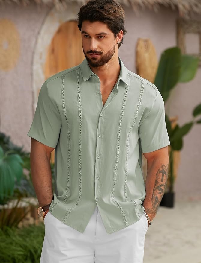 Hardaddy Men's Cuban Guayabera Embroidery Vacation Shirt Button Down Summer Beach Shirt Short Sleeve