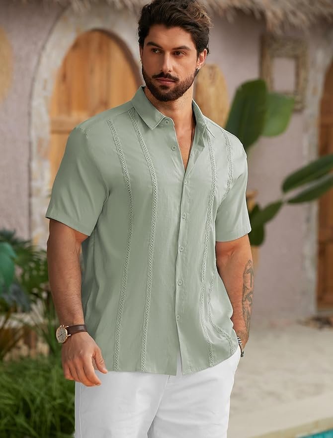 Hardaddy Men's Cuban Guayabera Embroidery Vacation Shirt Button Down Summer Beach Shirt Short Sleeve