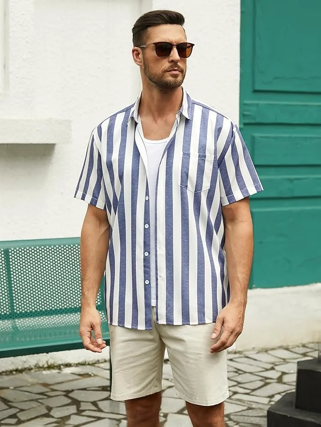 Hardaddy Men's Striped Shirts Casual Short Sleeve Button Down Summer Hawaiian Shirts