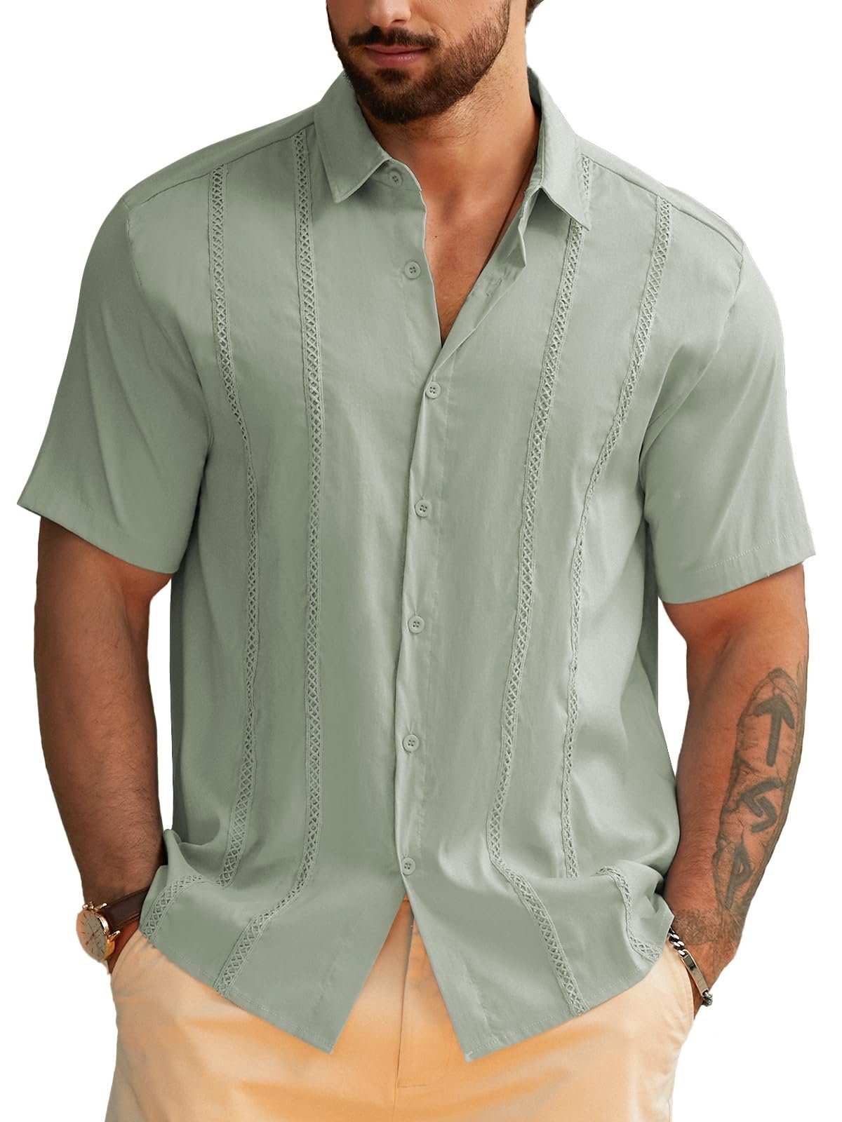 Hardaddy Men's Cuban Guayabera Embroidery Vacation Shirt Button Down Summer Beach Shirt Short Sleeve