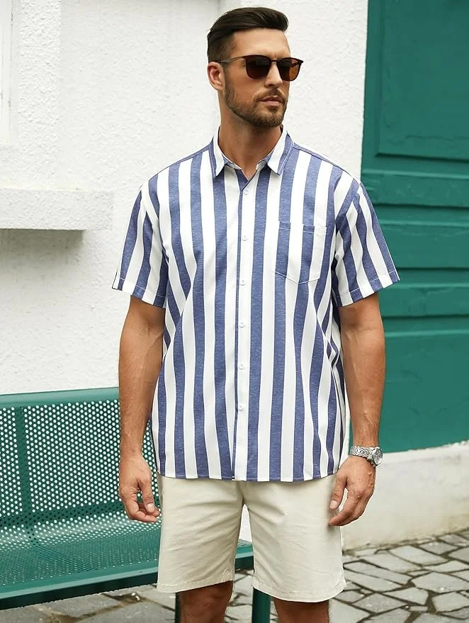 Hardaddy Men's Striped Shirts Casual Short Sleeve Button Down Summer Hawaiian Shirts