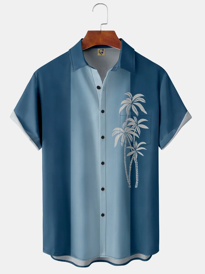 Tall Size Moisture-wicking Gradient Coconut Tree Chest Pocket Short Sleeve Shirt