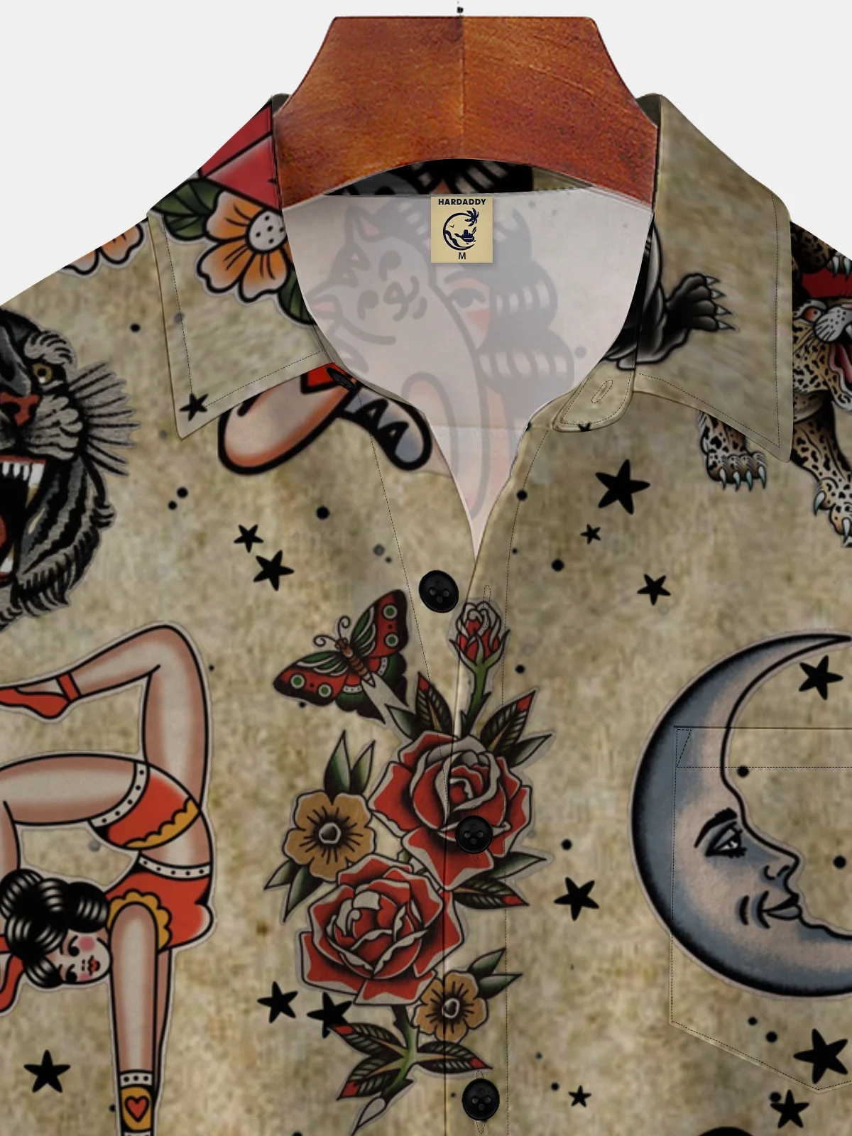 Moisture-wicking Vintage Tattoo Art Chest Pocket Hawaiian Shirt