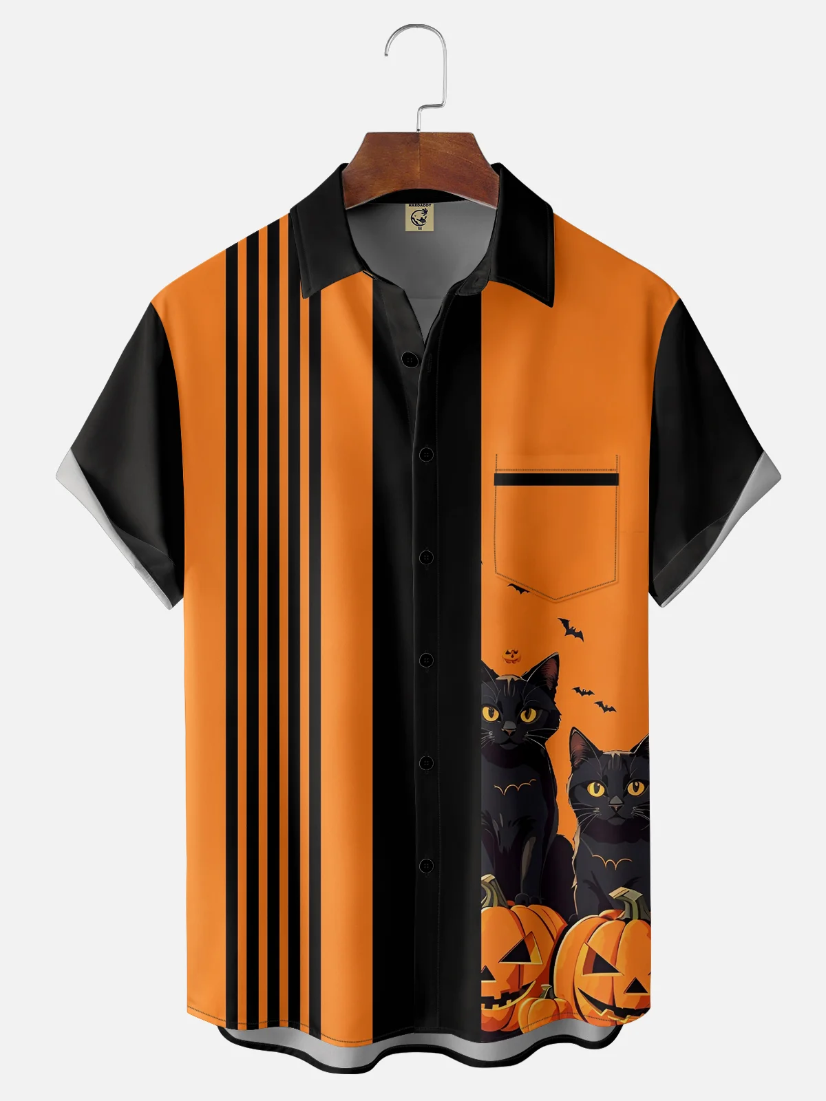 Moisture-wicking Halloween Cat Chest Pocket Bowling Shirt