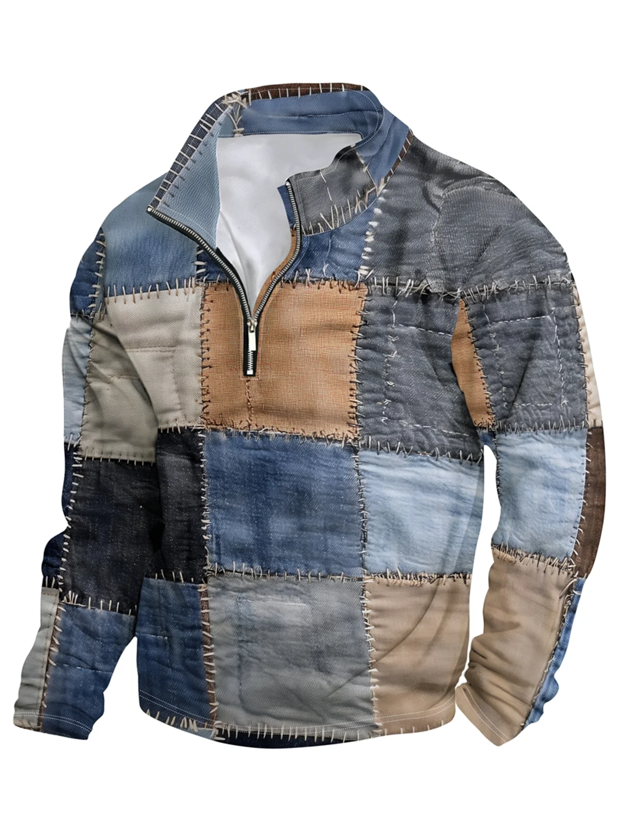 Denim Patchwork Abstract Texture Half-zip Pullover Sweatshirt