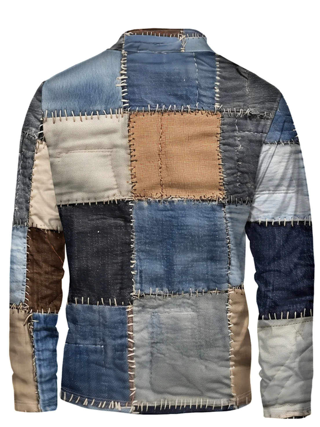 Denim Patchwork Abstract Texture Half-zip Pullover Sweatshirt