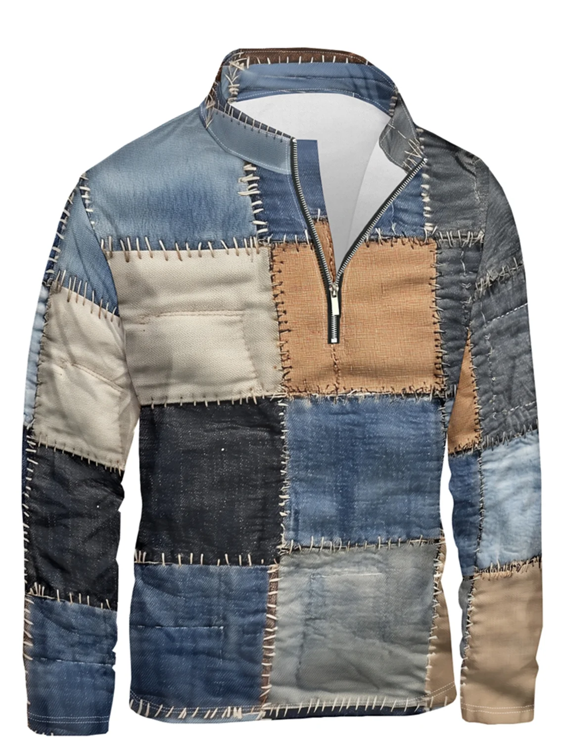 Denim Patchwork Abstract Texture Half-zip Pullover Sweatshirt