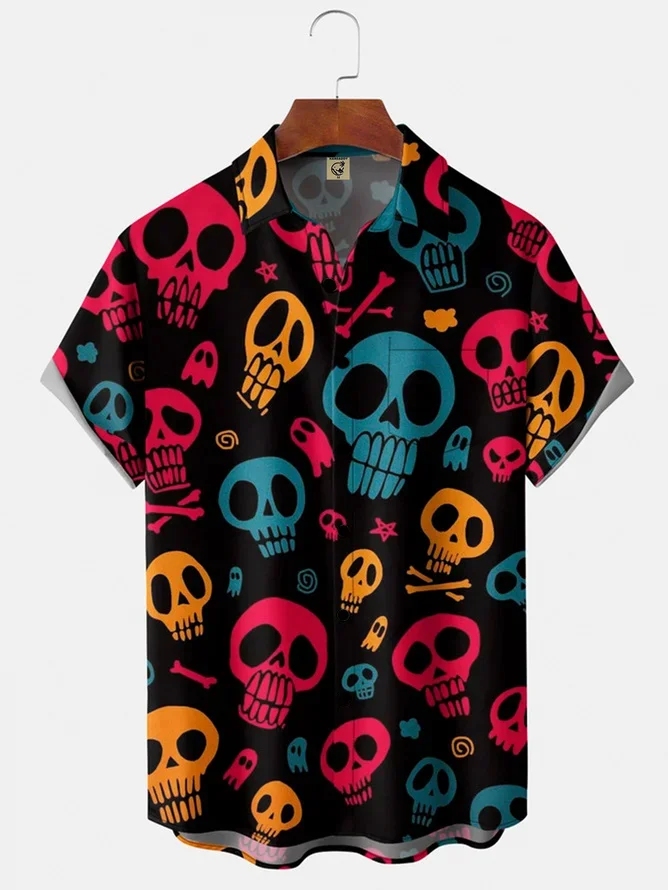 Tall Size Moisture-wicking Halloween Skull Print Chest Pocket Hawaiian Shirt