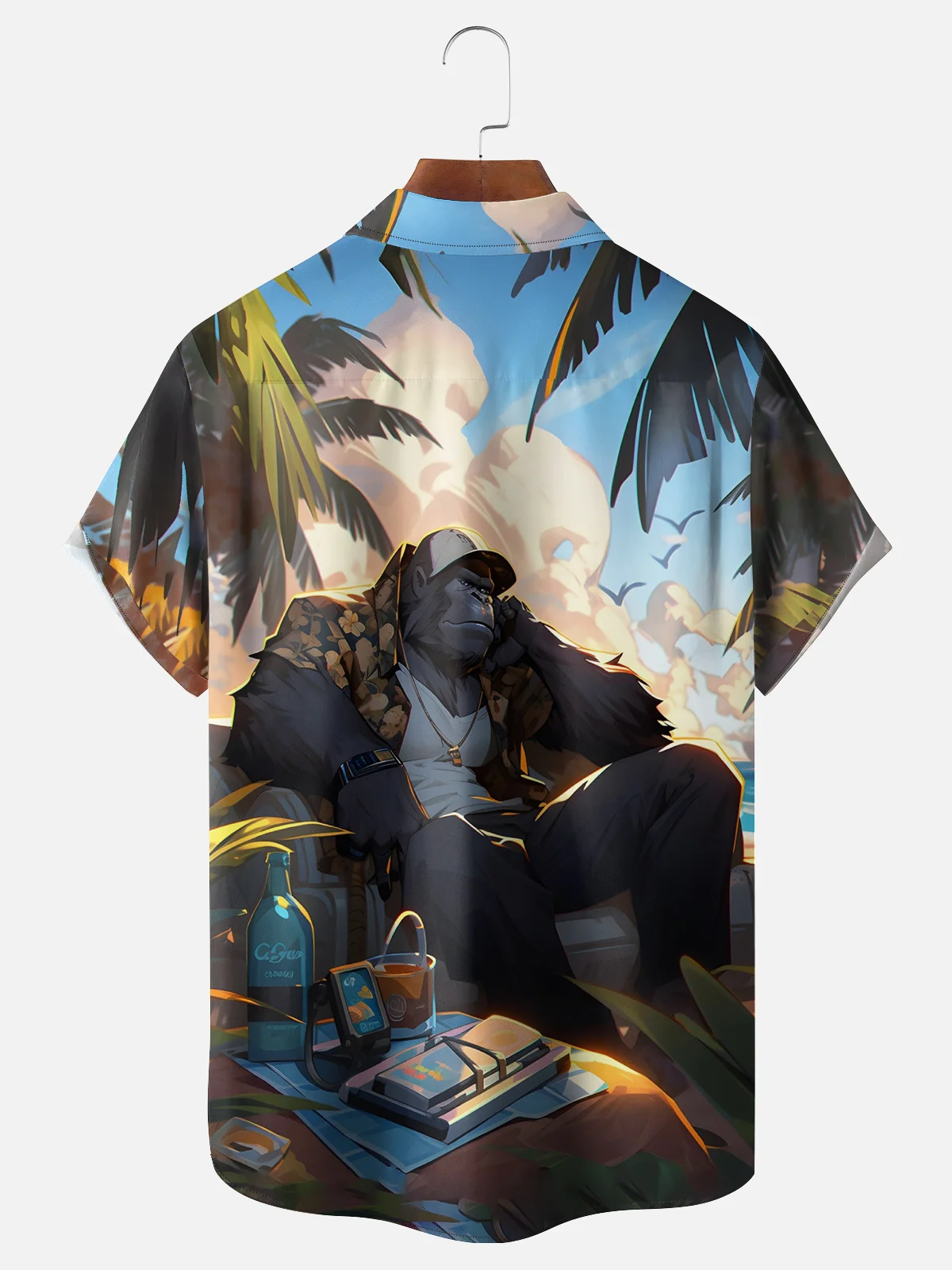 Moisture-wicking Vacation Abstract Gradient Orangutan Beach Chest Pocket Hawaiian Shirt