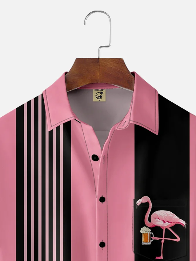 Tall Size Moisture-wicking Flamingo Beer Chest Pocket Bowling Shirt