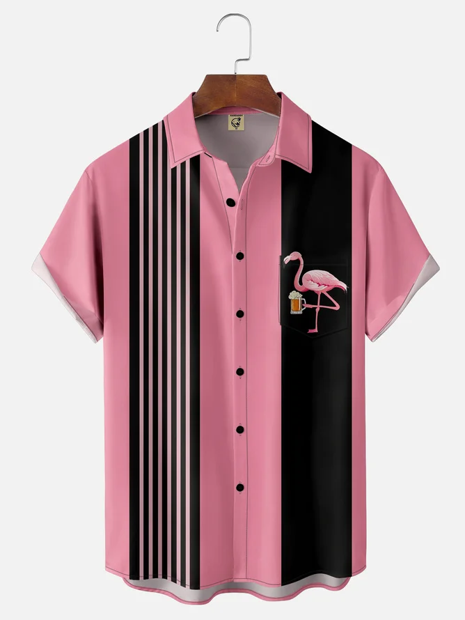 Tall Size Moisture-wicking Flamingo Beer Chest Pocket Bowling Shirt