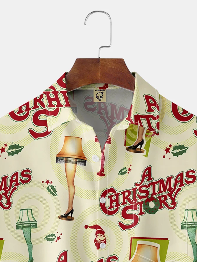 Tall SizeChristmas Fun Decoration Chest Pocket Short Sleeve Casual Shirt