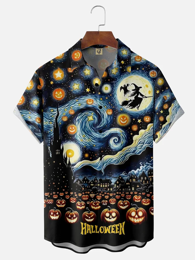 Tall Size Moisture-wicking Starry Sky Halloween Witch Chest Pocket Casual Shirt