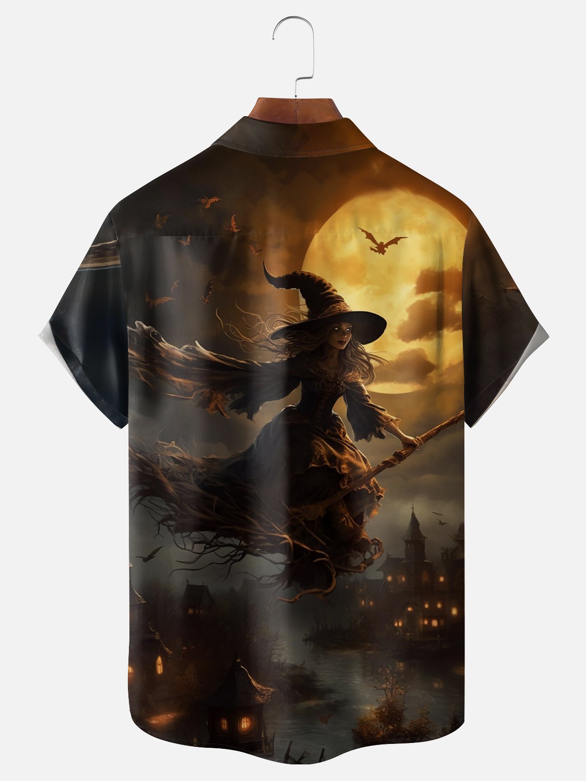 Moisture-wicking Halloween Witch On A Broom Chest Pocket Hawaiian Shirt