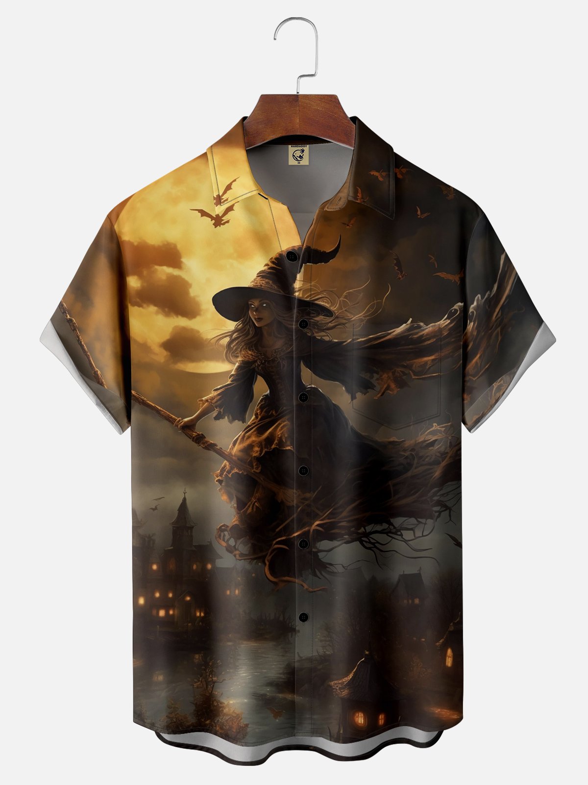 Moisture-wicking Halloween Witch On A Broom Chest Pocket Hawaiian Shirt