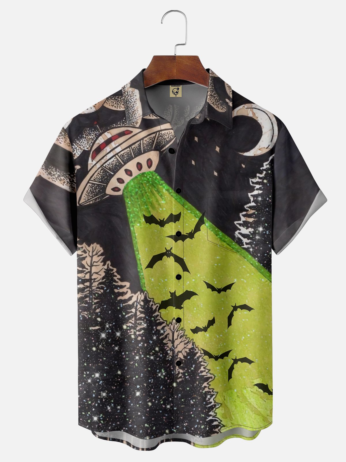 Moisture-wicking Halloween Abstract UFO Bat Chest Pocket Hawaiian Shirt