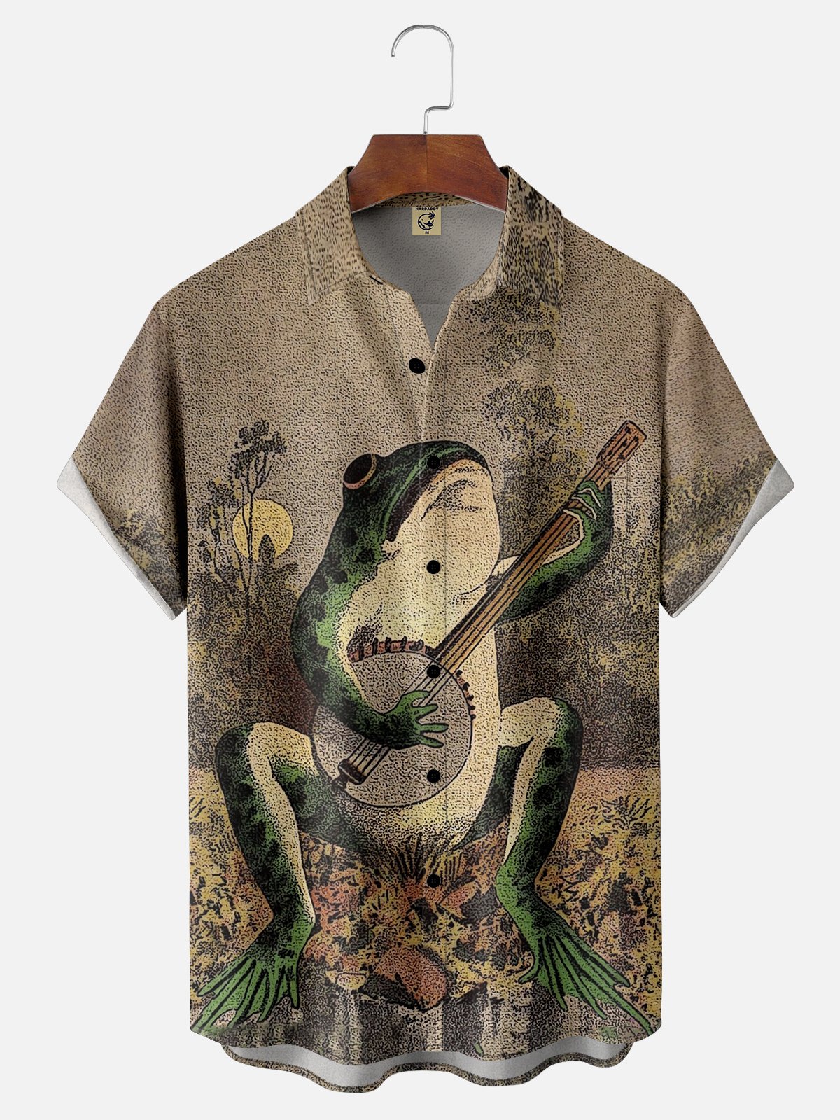 Moisture-wicking Vintage Musical Instrument Frog Chest Pocket Hawaiian Shirt