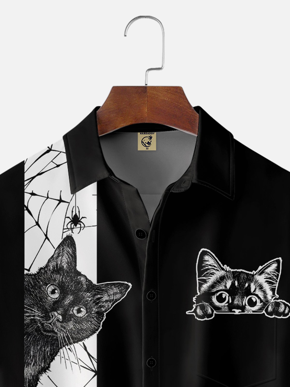 Moisture-wicking Halloween Black Cat Spider Web Chest Pocket Bowling Shirt