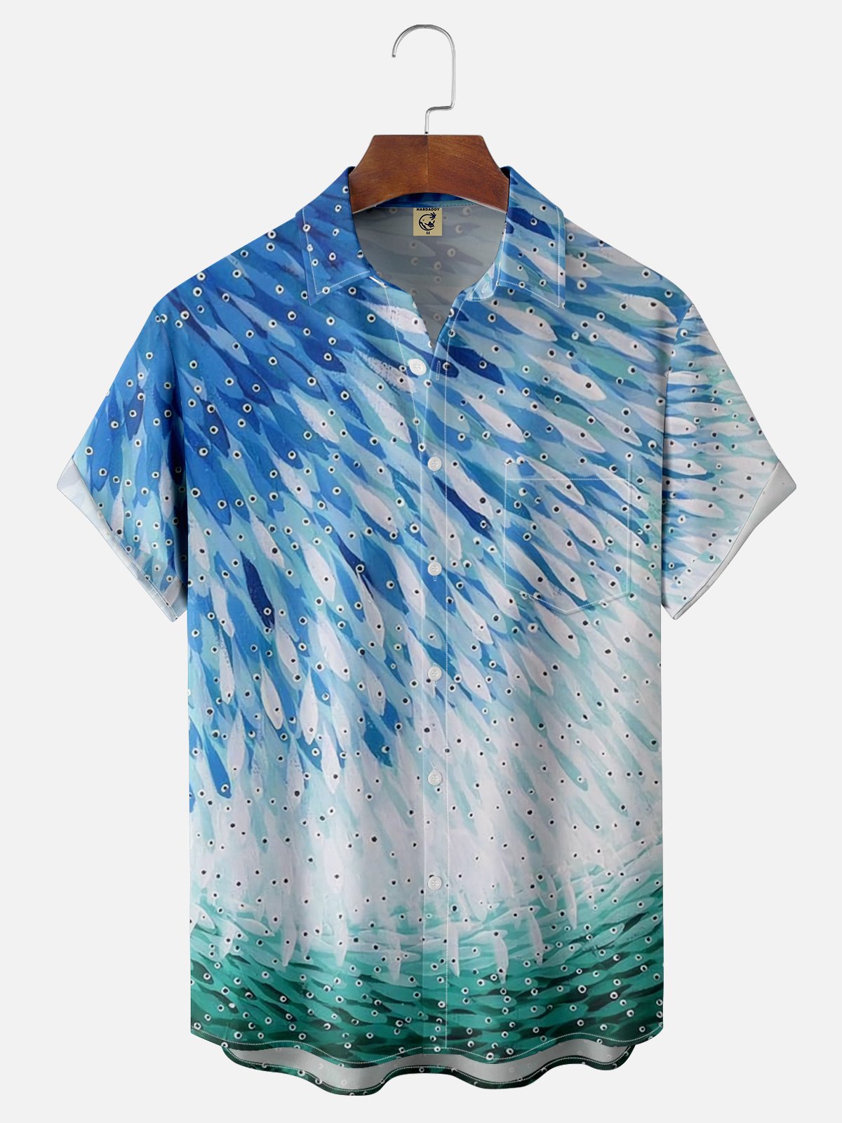 Moisture-wicking Gradient Art Sardines Chest Pocket Hawaiian Shirt