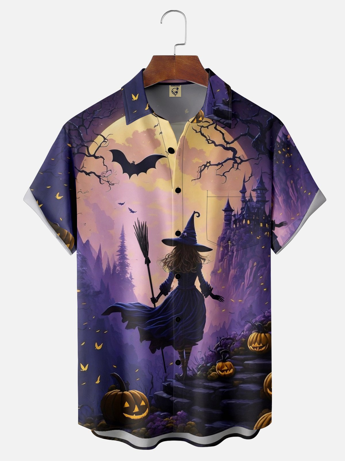 Moisture-wicking Halloween Witch Pumpkin Chest Pocket Casual Shirt